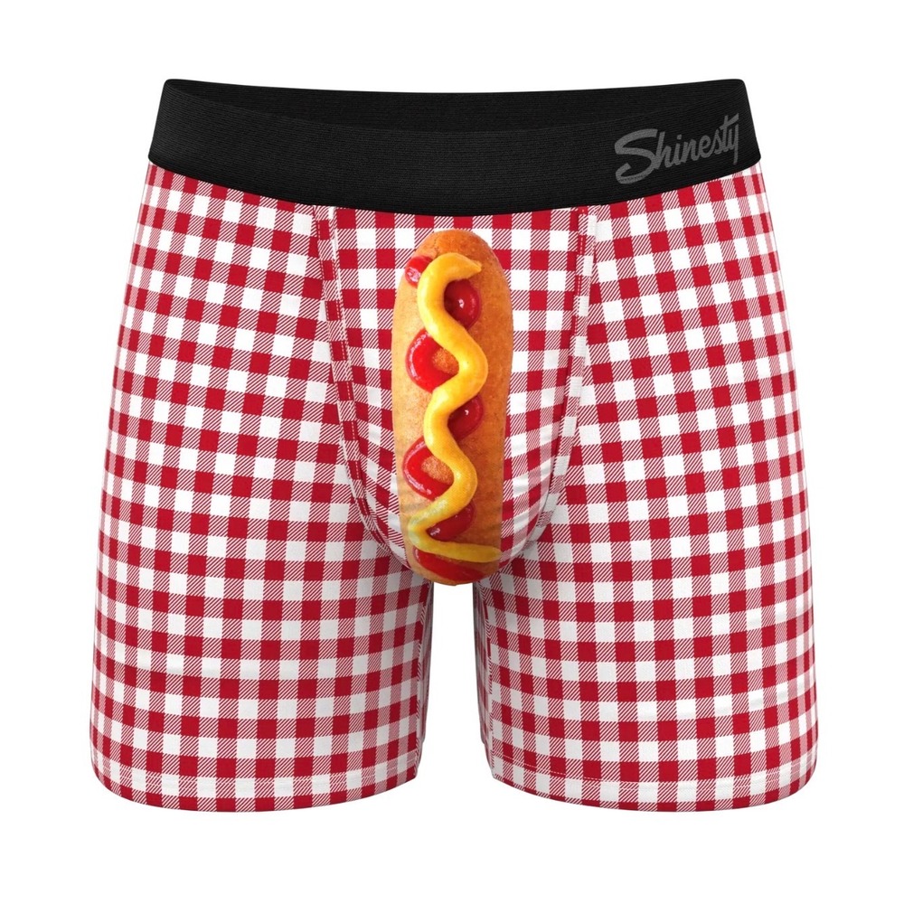 Shinesty Mens The Hot Diggity Ball Hammock Boxer Briefs Red Gingham Corndog M